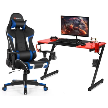 Набор игровых столов и стульев Costway Z-Образный стол в гоночном стиле с массажным поворотным игровым креслом