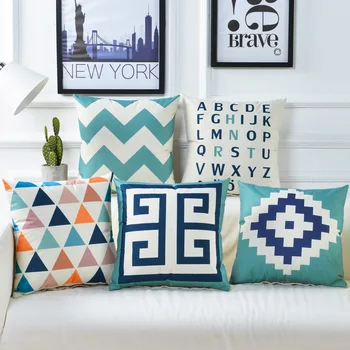 Наволочка в синюю полоску 45x45 см, Льняная наволочка с геометрическим принтом, наволочка для дивана с декоративными буквами на чехле