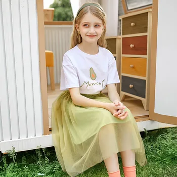 Новая летняя детская одежда, хлопковая футболка с принтом, Зеленая газовая юбка длиной до половины длины, комплект юбки Принцессы для девочек средней школы