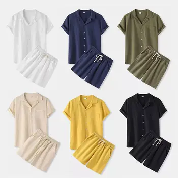 Новое лето 2023, мужские однотонные шорты с коротким рукавом, Модный комплект Рубашек из хлопка и конопли, Повседневный Свободный Топ большого размера с коротким рукавом