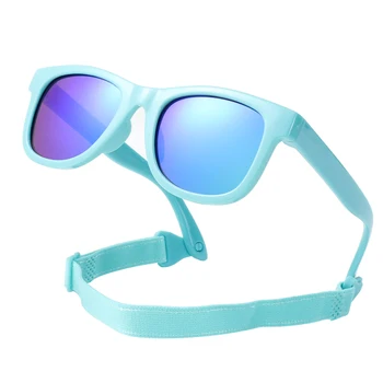 Новорожденный 0-24 месяцев, Гибкие Поляризованные Солнцезащитные очки с ремешком для мальчиков и девочек, Квадратная Силиконовая оправа, Зеркальный UV400