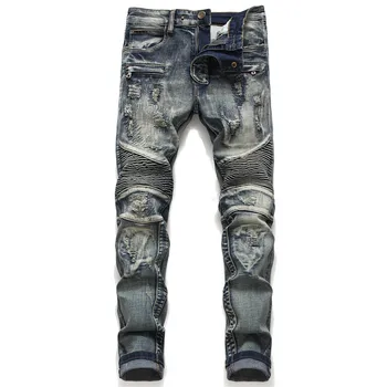 Новые мужские рваные джинсы с прямыми штанинами, повседневные облегающие мужские рваные вышитые заплатки, тонкие стрейчевые брюки, одежда
