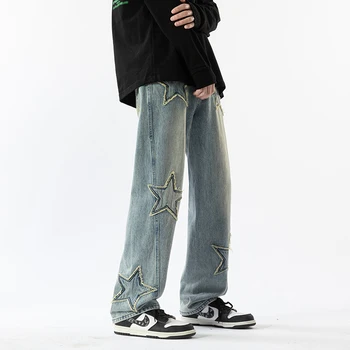 Новые Прямые Повседневные готические Нейтральные мужские джинсы с вышивкой звезд, широкие Брюки, Свободные хип-хоп Модные молодежные уличные джинсовые брюки Y2K