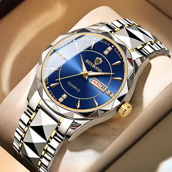 Новые Трендовые мужские деловые часы, Водонепроницаемый Прецизионный стальной ремешок с бабочкой и пряжкой, Светящиеся кварцевые часы Премиум-класса с Календарем Недели Моды