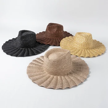 Новый тренд, сезон Весна-лето, модные соломенные шляпы с волнистым верхом и широкими полями для отдыха, женские мужские винтажные солнцезащитные шляпы, изготовленные на заказ кепки