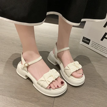 Обувь 2023 новые женские женские лодыжки ремень пряжка сандалии летние женские круглый носок высокие каблуки мода дамы клинья обувь для девочек