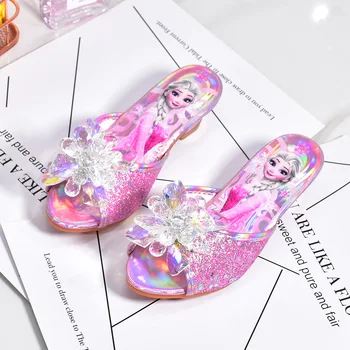 Обувь Disney Frozen Princess Elsa, Тапочки, Шлепанцы на высоком каблуке для девочек, Модные туфли с кристаллами, Детские летние сандалии, Размер 26-37