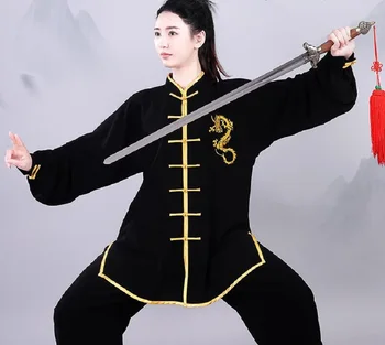 Оптовая продажа Новых китайских мужских женских костюмов кунг-фу, Вышитых золотым драконом, С длинным рукавом, униформа для боевых искусств Тайцзи, Комплект одежды