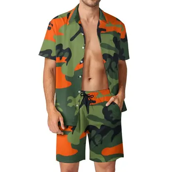 Оранжево-зеленый Камуфляж, пляжная одежда, Мужские комплекты, Векторная Камуфляжная повседневная рубашка, Летние шорты, модный костюм из двух предметов, Большие размеры