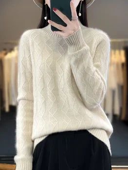 Осенне-зимний Новый шерстяной свитер с полувысоким вырезом, пуловер в иностранном стиле, Жаккардовый вязаный низ, плюшевый топ