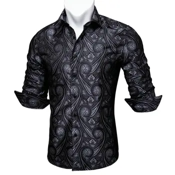 Официальная Весенне-Осенняя мужская Шелковая рубашка, черная рубашка с квадратным отворотом и длинным рукавом в Пейсли, Рубашки для отдыха, подарок для вечеринки, мужские сумки Barry.Wang