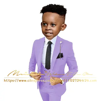 Официальный светло-фиолетовый костюм для мальчиков, 3 предмета, Праздничный Свадебный Смокинг, Детская куртка, Брюки, Жилет, Сшитый на заказ Детский костюм от 3 до 16 лет
