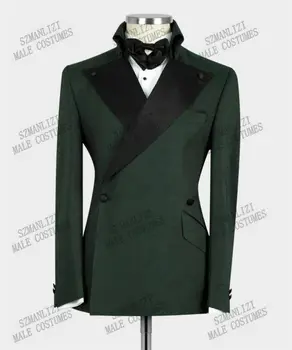 Последние модели пальто и брюк 2021 Slim Fit Темно-Зеленый Смокинг для курения, Вечерний Смокинг, Мужское Платье, Двубортный Свадебный Костюм для Жениха, Мужские костюмы