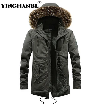 Практичность мужская зимняя куртка в стиле милитари, хлопковое повседневное пальто с меховым капюшоном, флисовая утепленная парка, верхняя одежда, теплая длинная ветровка для отца