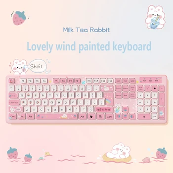 Проводная клавиатура Kawaii, чай с молоком, милый кролик, розовый, милый шоколад, проводная клавиатура, клавиатура для девочек, креативная раскраска, беспроводная клавиатура