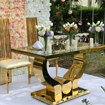 Продается современный банкетный стол из зеркального стекла с длинной золотой столешницей