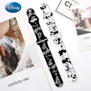 Ремешок Disney с Микки и Минни, Белый, Черный, с принтом, для Apple Watch S8765432SE, Силиконовый Ремешок Полной серии для сменных часов 38-49 мм