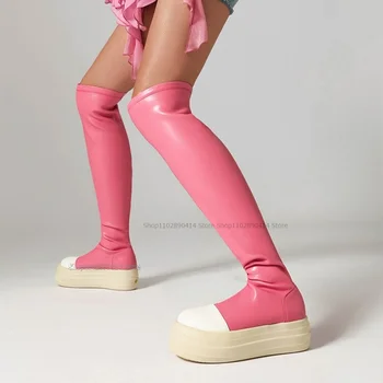 Розовые Ботинки из матовой кожи с толстой подошвой, женская обувь выше колена, Новая Модная Сексуальная Комфортная Обувь 2023 года, Zapatos Para Mujere