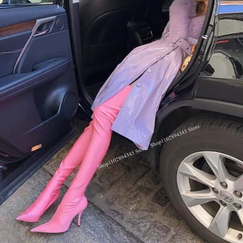 Розовые Сапоги выше колена с острым носком на Тонком Высоком Каблуке, Модная Пикантная Новинка 2023 Года, Летняя Повседневная Женская обувь Большого Размера, Zapatillas Mujer