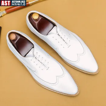 Роскошные Кожаные мужские модельные туфли Офисные Деловые Свадебные Официальные туфли Белые Мужские оксфорды с острым носком на шнуровке и пряжкой