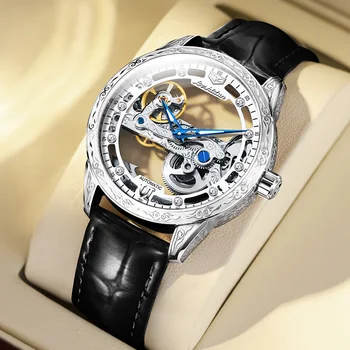 Роскошные мужские часы TAXAU, Автоматические механические наручные часы с дизайном скелета, Водонепроницаемый кожаный ремешок, мужские часы Reloj Hombre