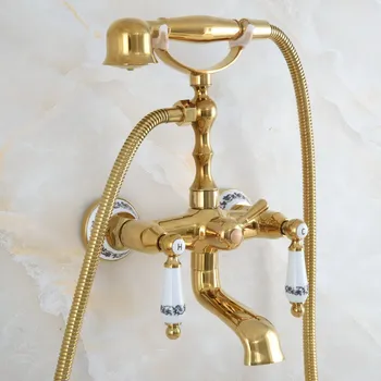 Роскошный Латунный смеситель для душа Золотого цвета с двумя ручками, Настенный смеситель для ванны с ручным душем