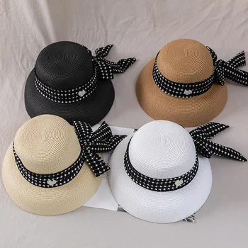 С широкими полями, летние шляпы для женщин с плоским верхом жемчужное сердце с бантом соломенная шляпа Шляпа от Солнца пляжная шляпа защита от Солнца Кентукки Дерби шляпа