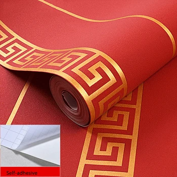 Самоклеящиеся обои с рисунком в виде греческого ключа, Китайские Геометрические металлические виниловые обои, Рулон бумаги для гостиной, ТВ-фон, красный, серый
