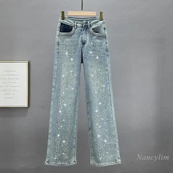 Сверхпрочные джинсы для женщин 2023, Модные новые летние Осенние брюки с высокой талией, свободные и утягивающие, со встроенными бриллиантами, Джинсовые брюки