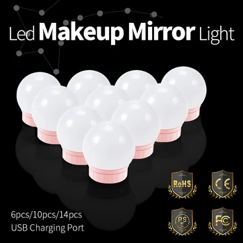 Светодиодный светильник для зеркала для макияжа с регулируемой Яркостью USB Голливудский светильник для туалетного столика 2 6 10 14 Ламп 12V Лампа для макияжа Зеркальная лампа для туалетной комнаты