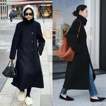 Скандинавское толстое шерстяное двустороннее шерстяное длинное пальто для женщин со стоячим воротником, пальто силуэта 