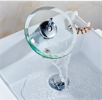 Смеситель с водопадом, Горизонтальная перекладина, Смеситель для холодной и горячей воды, установленный на рабочем столе, Хромированный кран с полированным краем из стекла для ванной комнаты