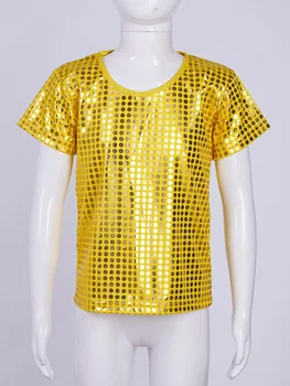 Современная Танцевальная Джазовая футболка с блестками для девочек и Мальчиков, Блестящая Металлическая Свободная футболка с коротким рукавом, Блузка, Блестящая футболка в стиле Хип-хоп, Танцевальная одежда