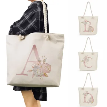 Сумки с цветочным принтом из 26 букв, Женская сумка на толстой веревке, школьные сумки-тоут для девочек, минималистичная Эко-сумка для покупок Многоразового использования, искусство