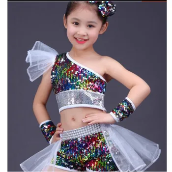 Танцевальная одежда для девочек, уличное представление для джазовых танцев, современная детская модель, костюмы для подиума с блестками 