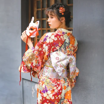 Традиционное японское кимоно, темно-красный костюм Юката и платье Оби для ролевых игр на Хэллоуин для девочек
