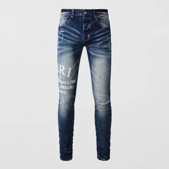 Уличные Модные мужские джинсы Высокого качества в стиле ретро, Синие эластичные обтягивающие Рваные джинсы, Мужские дизайнерские брюки в стиле хип-хоп с вышивкой