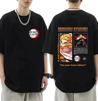 Футболка Из Японского Аниме Demon Slayer Rengoku Kyoujurou, Футболка Kimetsu No Yaiba, 100% Хлопковая Футболка Для Мужчин И Женщин, Негабаритные Уличные футболки