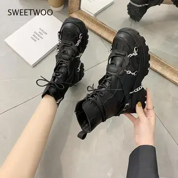 Черные женские зимние ботинки на платформе в готическом стиле, Зимние ботинки с цепочкой и мехом на высоком каблуке