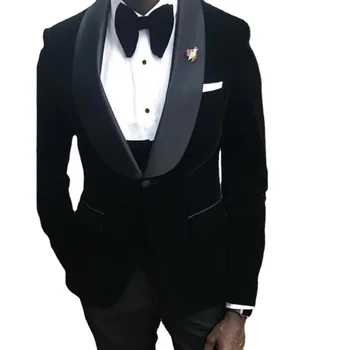 Черный Бархатный Свадебный Смокинг Для мужчин, Приталенные африканские мужские костюмы на заказ, 3 предмета, Мужская модная куртка для Жениха, жилет с брюками