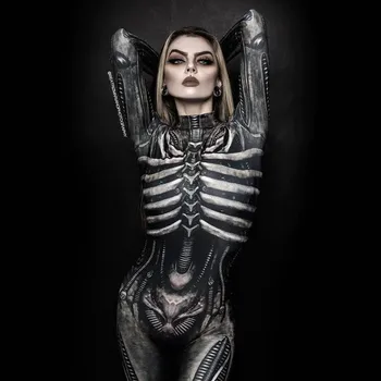 Женская одежда С длинным рукавом и 3D принтом Хэллоуин, Карнавал, Ужас, Человеческий Скелет, Костюмы для Косплея, Облегающий комбинезон, Боди Зентай
