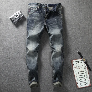 Модные Дизайнерские Мужские джинсы Ретро Темного цвета, Прямые, приталенные, рваные Джинсы, Мужские Высококачественные Винтажные брюки, Джинсовые брюки Hombre
