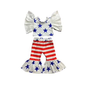 Модный комплект одежды для маленьких девочек, 4 июля, Топ с развевающимися рукавами и круглым вырезом с принтом + расклешенные брюки