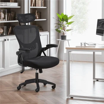 Офисный стул SMILE MART с регулируемой сеткой с высокой спинкой и складными мягкими подлокотниками, Черные Офисные стулья, Стул для геймеров